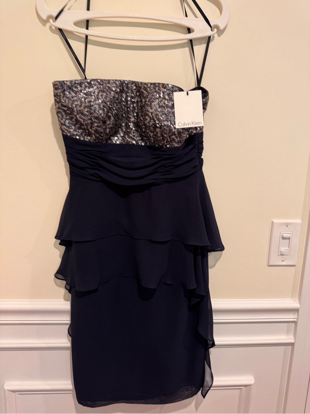 Calvin Klein Navy Strapless Sequin Bodice Layered Chiffon Dress